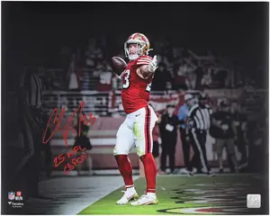 Christian McCaffrey San Francisco 49ers Autographed 16" x 20" Touchdown Celebration Spotlight Photograph with "25 NFL CBPOY" Inscription - Fanatics Authentic Certified
