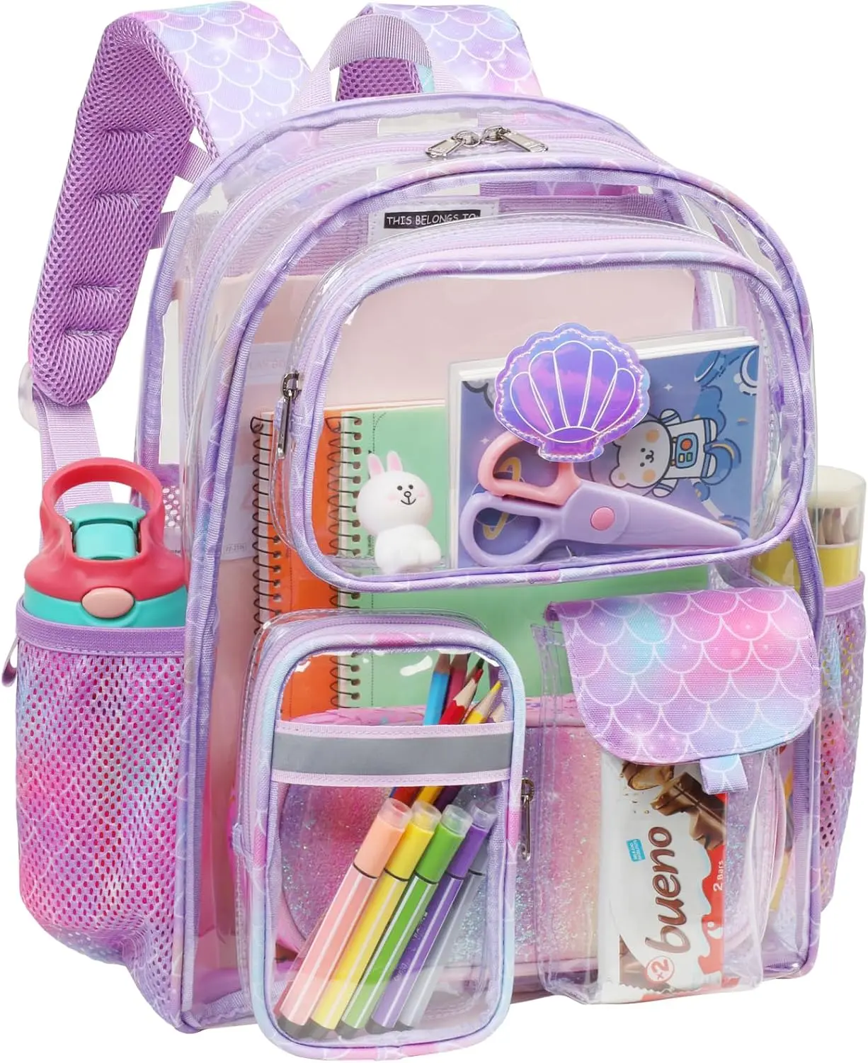 Bagseri Clear Backpack for Girls - 15 Inch School Bookbag for Kids Ages 5-7 |   Heavy Duty Kids Clear Backpack for Kindergarten and Elementary G1-G2, Fits Folder, Comfort Padded Straps, Purple Mermaid