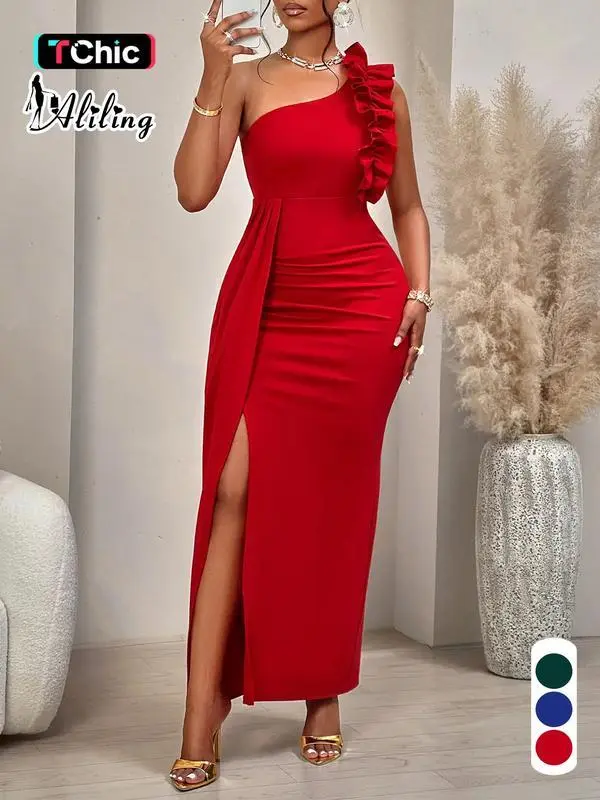 open lace back dress Kamillia One-Shoulder Split Maxi Dress Olive main image 0