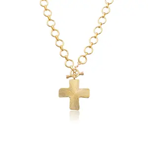 RCC Hammered Cross Pendant Necklace,  Plated Chunky Circle Link OT Clasp Chain Minimal Street Jewelry for Men Women Daily Wear