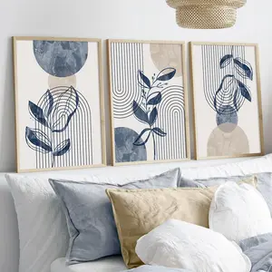 3pcs/set, Boho Abstract Geometric Line Art Prints, Navy Blue And Beige Botanical Wall Art Prints, Bohemian Canvas Posters, Medieval Prints, Ideal Gifts For Bedrooms, Living Rooms, Hallways, Office, Wall Decorations, Home And Room Decoration, Unframed