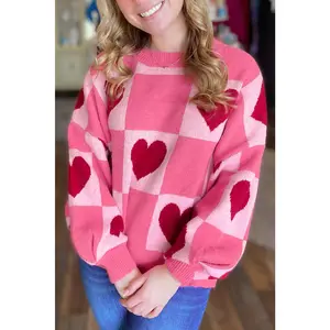 Pink Love Heart Checkered Valentine Crew Neck Sweater