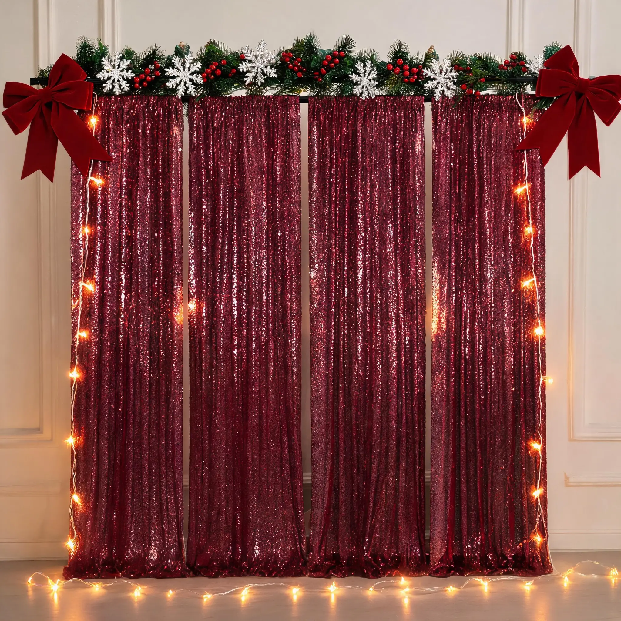 4 Panels Burgundy Sequin Backdrop Curtain 2ft x 8ft for Talent Show Stage Wedding Photography Birthday Christmas Sparkle Drapes