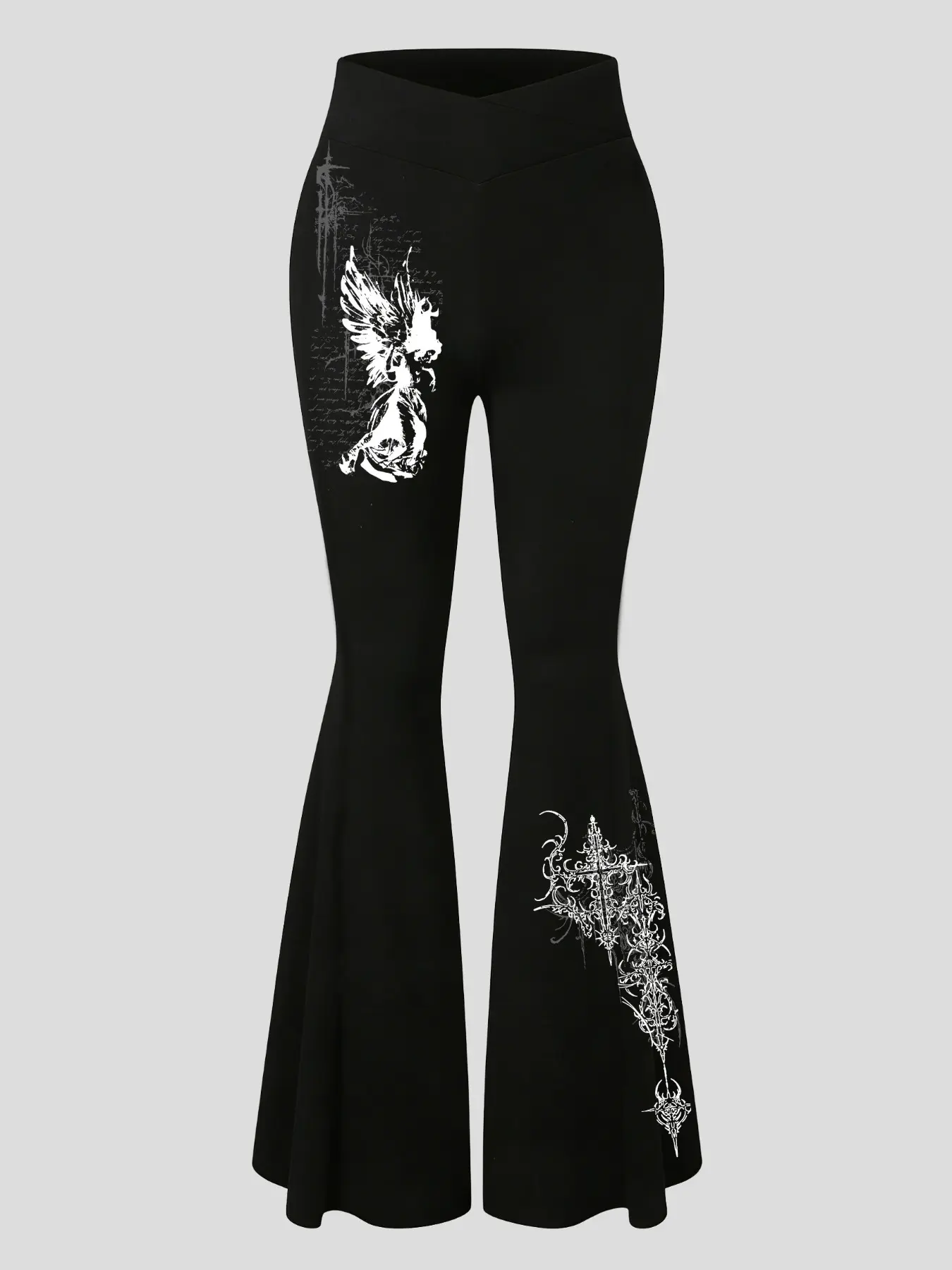 Women's leggings, crossover waistband, flared pants, Casual Slim Fitting, Casual Fashion Fitted, gothic pattern, comfortable fit, suitable for all seasons, stylish women's everyday bottoms, Casual Style Bottoms, versatile and easy to match