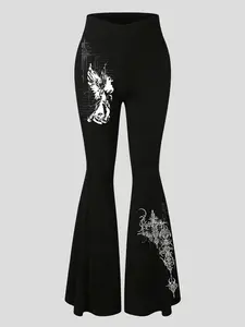 Women's leggings, crossover waistband, flared pants, Casual Slim Fitting, gothic pattern, comfortable fit, suitable for all seasons, stylish women's everyday bottoms, versatile and easy to match