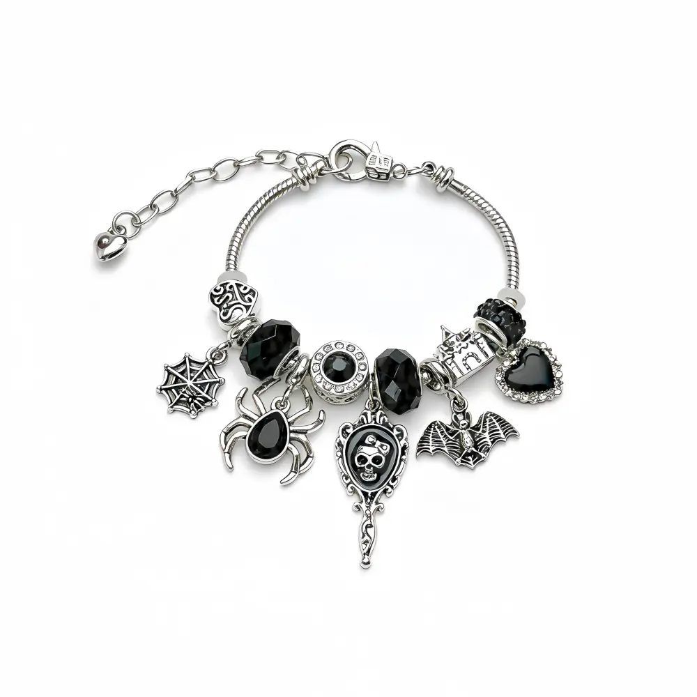 Gothic Charm Bracelet For Women, Skull Spider Bat Pendant Bracelet With Black Red Crystal Beads, Halloween Punk Jewelry Gift