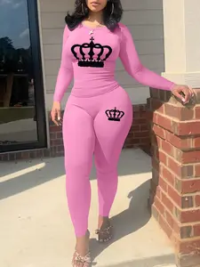 Women's Love Heart Pattern Print Two-Piece Set, Outfit, Casual Long Sleeve Crop Top & Pants, Fall Winter Chic Fashion, Comfortable Daily Wear