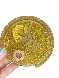 Resin Floral Gold Glitter Coaster Set