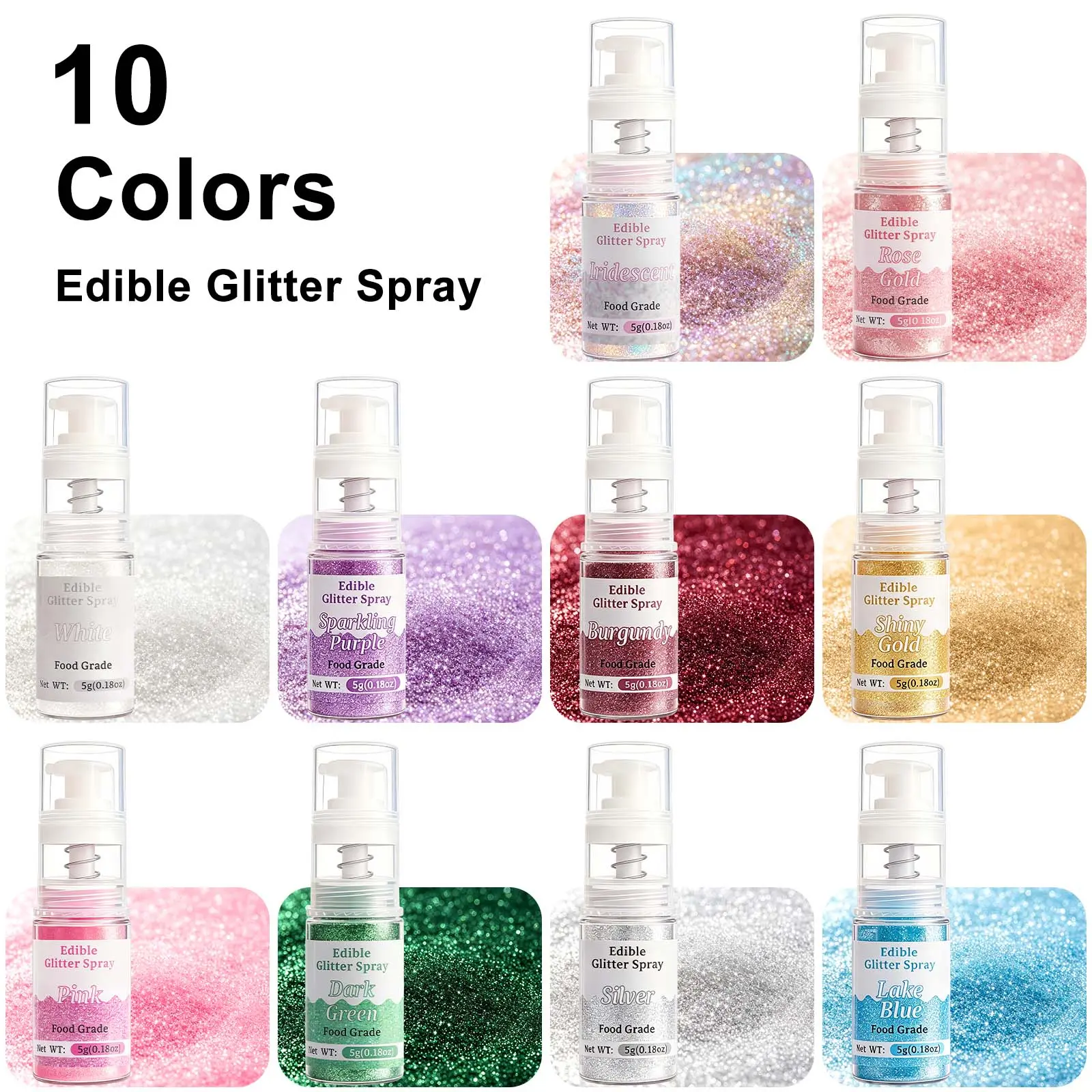 Edible Glitter Set 10×5g/Spray Bottle Food Grade for Drinks, Wine,Cakes, ChocolateCoveredStrawberries,&Childrens' day, Christmas ,Birthday ,Holiday Decor Gift Food-Grade Certified Cupcake Brownies Decoration Buttercream Creamy Baked