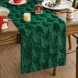 Christmas Trees Green Soft Plush Faux Fur Jacquard Table Runner 13x72 Inch for Holiday Kitchen Dining Home Party Decor