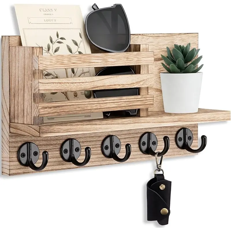 Burnt Wooden Wall-Mounted Key and Mail Organizer - Decorative Entryway Mail Sorter with 5 Key Hooks, Shelves, Home Wall Storage for Letters, Sunglasses, Small Items