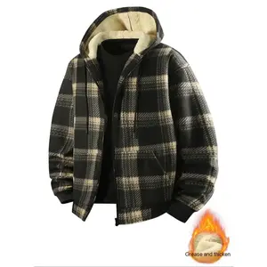 Men's Fleece Hooded Casual Streetwear Fashion Plaid Zipper Jacket, French Country Style, Fall & Winter Wear, Moderate Fabric Thickness, Fitted Design
