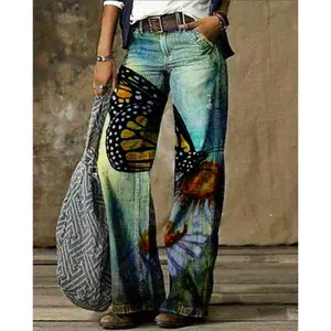 Imitation Jeans plus Size Women's Casual Pants ral Printed Trousers Bell Bottoms Womenswear（gift）