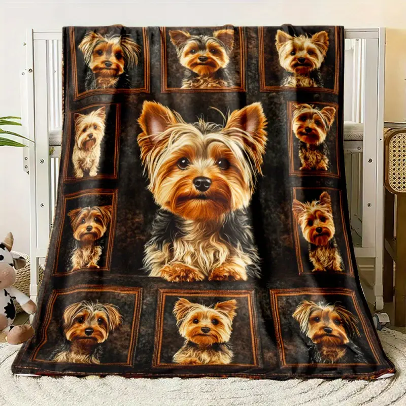 Yorkshire Terrier Dog Full Print Dark Brown Flannel Blanket Soft Warm Throw Plush Blanket Pet Yorkie Puppy Portrait Aesthetic Bedroom Couch Nap Blanket Giftable Yorkie Dog Lover Decor Blanket For Room Party Day Gift Popular Home Blan