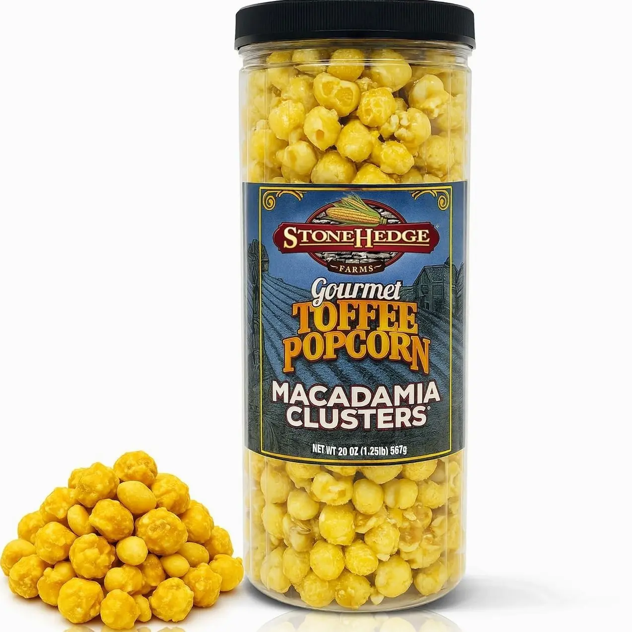 Stonehedge Farms Gourmet Toffee Popcorn Macadamia Clusters | 20 oz Reclosable Container | Mix Of Pop corn, Macadamia Nut and Butter Toffee | Holiday Snack Gift