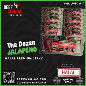 Halal Beef Jerky Dozen Jalapeno by Beef Maniac | Natural Hardwood Smoked Premium Jerky Made in Michigan