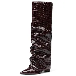 Women's Fall Knee High Boots Wide Calf Pointed Toe Chunky High Heel Fashion Fold Over in Deep Burgundy Leather & Faux Leather Brown