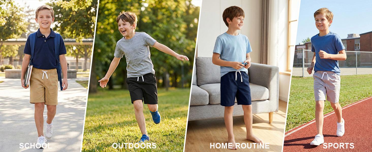 Boys Khaki Cotton Shorts,4 Pack Elastic Waist Drawstring Shorts with Pockets 4-16 Years