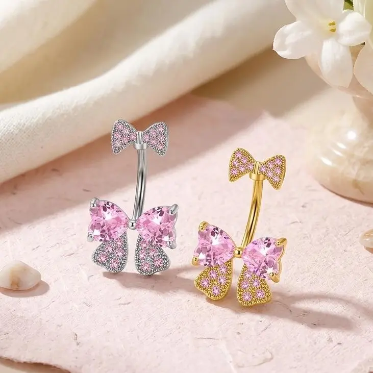 14G Pink Bows Belly Button Rings Y2K Style Silver Gold Color 10mm