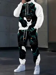Men's Spring Fall 3D Digital Print Hoodie Set, Sporty Street Style, Long Sleeve, Ankle Length Pants, Comfortable and Warm, Outdoor Fashion