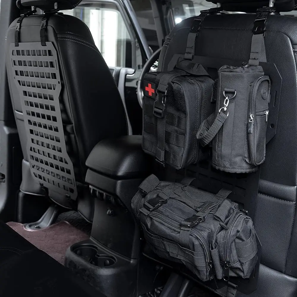 Two Sets Tactical Rigid Molle Aluminum Insert Panel with Multifunctional Storage Bag,Medical First Aid Utility Pouch,Water Cup Bag Modular Platform and 20 Fastening Tape for Jeep,SUV,Car, 2pcs