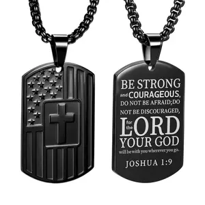 Yaumatea Dog Tag Cross Necklace for Men, 22+2 Inches Adjustable Stainless Steel Chain, American Flag Bible Verse Pendant, Religious Patriotic Jewelry Gifts for Valentines Day/Baptism/First Communion