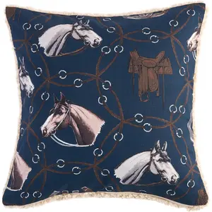 Tasha Polizzi Saratoga Western Throw Pillow, 18x18 inch, Navy Blue Teddy-Backed Pillow, Soft Boucle Reverse Side, Horse Horseshoe Print, Southwestern Western Pillow for Bed, Couch, Sofa