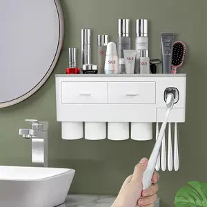 Toothbrush Holders Wall Mounted with Automatic Toothpaste Dispensers, 6 Brush Slots, 3 Magnetic Cups, Cosmetic Drawer Organizer & Large Storage Tray Kitchen Bathroom Organizing Home Goods White