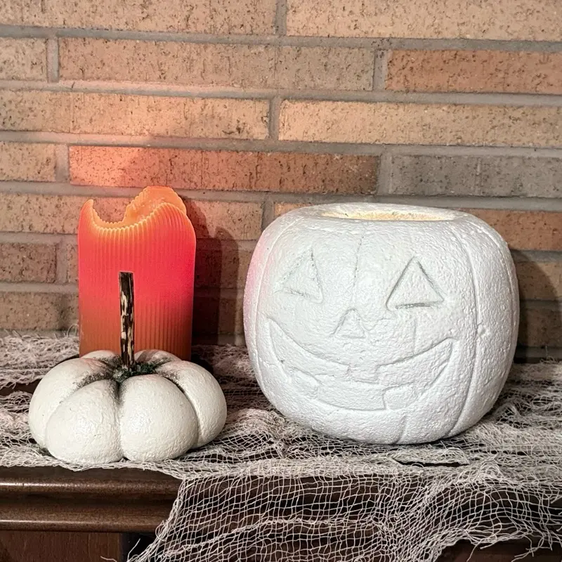 Vintage Farmhouse Jack-O'lantern Concrete Pumpkin - White Handmade Decorative Ornament for Halloween and Fall Decor - Unique Handcrafted Charm