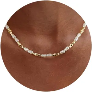 CASSIECA Adjustable Pearl Necklace for Women - 40cm Alloy Chain, 4x6mm Irregular Freshwater White Pearl Choker, Unisex Costume Jewelry Gift for Weddings, Proms SummerVibes
