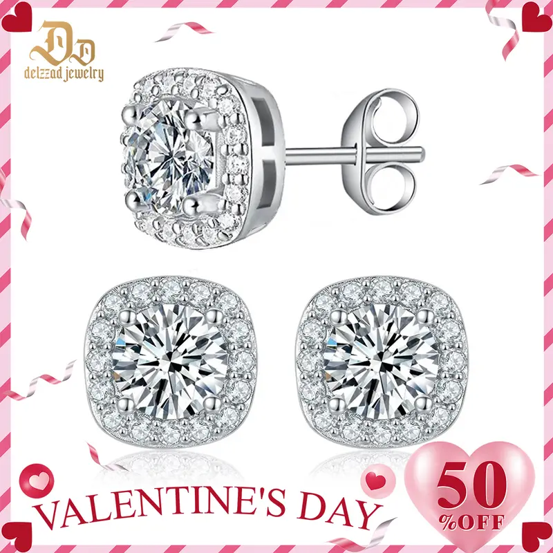 Delzzad 18K Gold-Plated Halo Square Lab-Created Moissanite Stud Earring S925 Sterling Silver Moissanite Jewelry Perfect Birthday Mother’s Day Unisex Christmas Gift for Men Women Wedding Set