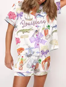 Louisiana Preppy Girl Satin Pajama Set Women Breathable Sleepwear Lightweight
