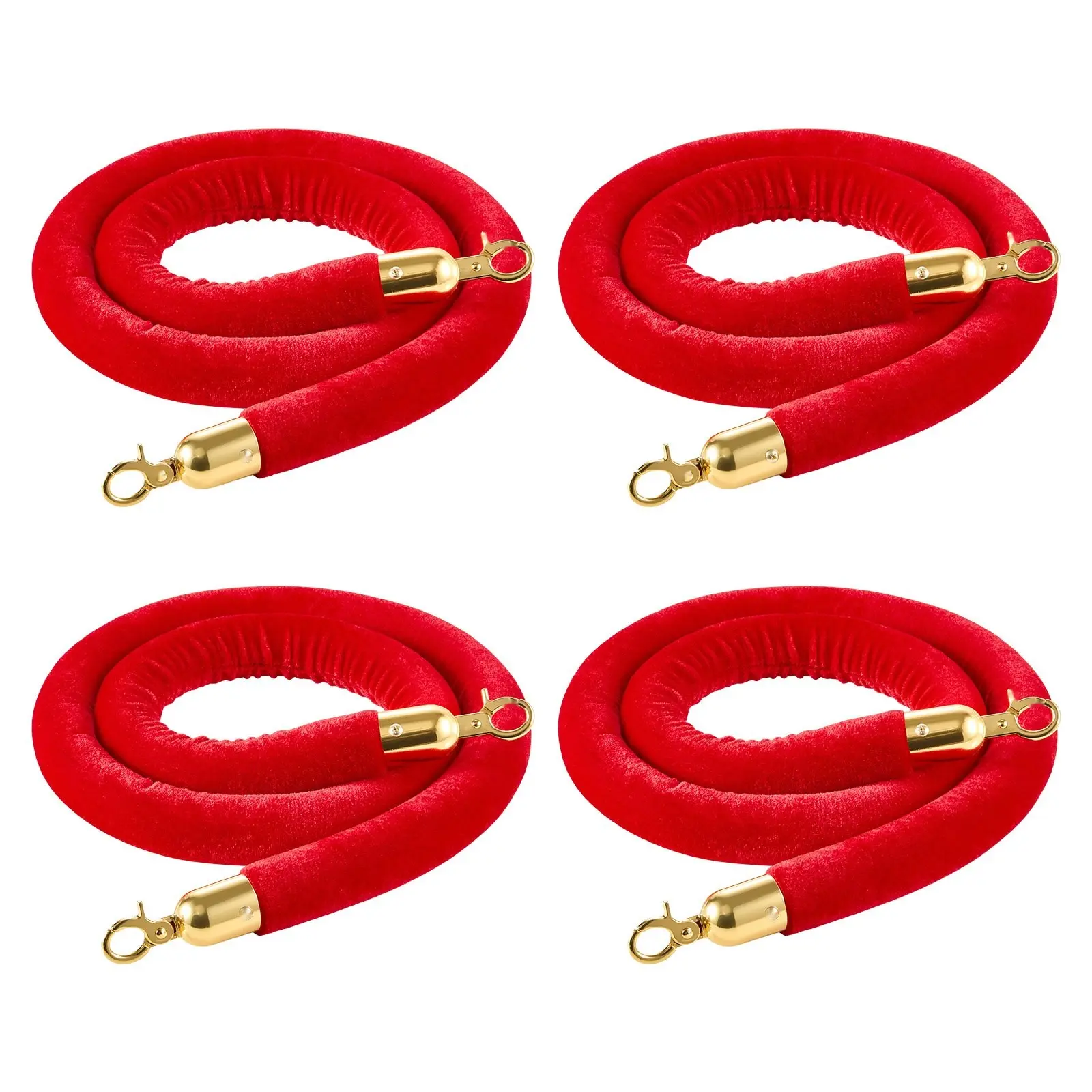 4-Piece Red Velvet Stanchion Rope Set, 5-Foot Crowd Control Ropes With Gold Hooks, Queue Barriers For Carpeted Events, Theaters, Grand Openings, Hotels, Parties, Red Velvet Decor And Event Safety Accessories