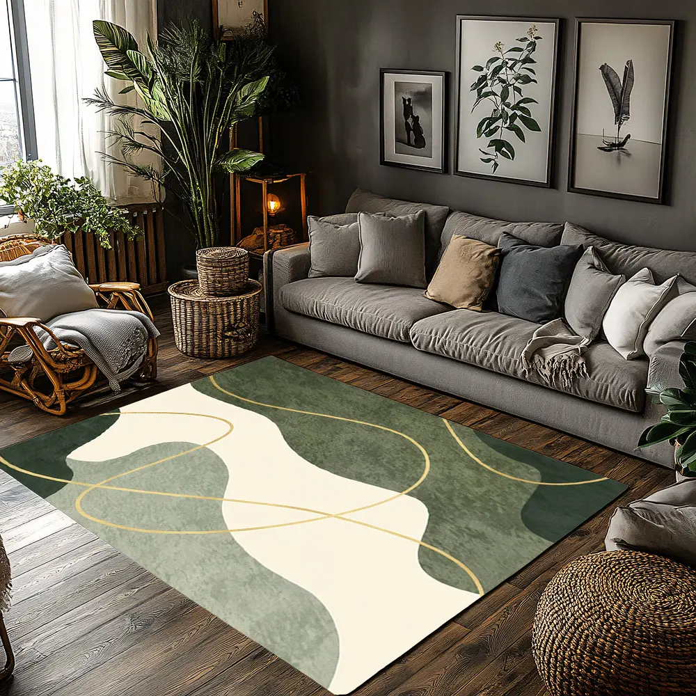 Sage Green Beige Gold Wavy Abstract Crystal Velvet Area Rug Non‑Slip Minimalist Modern Living Room Rug Home Decorative Rug#SageGreenAbstractRug #MinimalistWaveRug #GoldLineModernDecor #BohoNeutralCarpet #CrystalVelvetRug