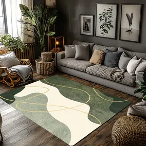 Sage Green Beige Gold Wavy Abstract Crystal Velvet Area Rug Non‑Slip Minimalist Modern Living Room Rug#SageGreenAbstractRug #MinimalistWaveRug #GoldLineModernDecor #BohoNeutralCarpet #CrystalVelvetRug