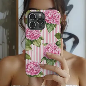 Striped Pink Hydrangea Phone Case, Preppy Pink Striped Floral Phone Case Gift, Summer Spring Phone Cases Suitable for IPhone17 11 12 13 14 15 16 Pro Max Air Plus