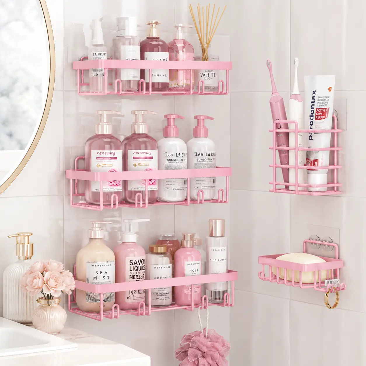 [DealsForYouDays] 5 Pack Pink Shower Caddy Bathroom Organizer Set, Rustproof Waterproof Adhesive Shower Organizer No Drill Wall Mounted Storage Rack with Toothbrush Holder Soap Dish for Bathroom Apartment Kitchen