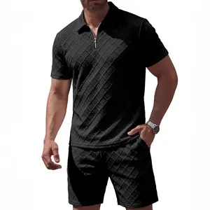 JMIERR Mens 2 Piece Jacquard Outfits Ultra Soft Comfy 1/4 Zip Golf Polo Shirt Shorts Set Tracksuits for Beach
