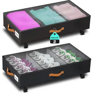 Under Bed  with Wheels, 2 Pack (36L Each)| Low Profile  Organizer with Clear Window, Double Zipper & 360? Locking Wheels - Rolling Metal Drawer for Clothes, Shoes, &  (Black)
