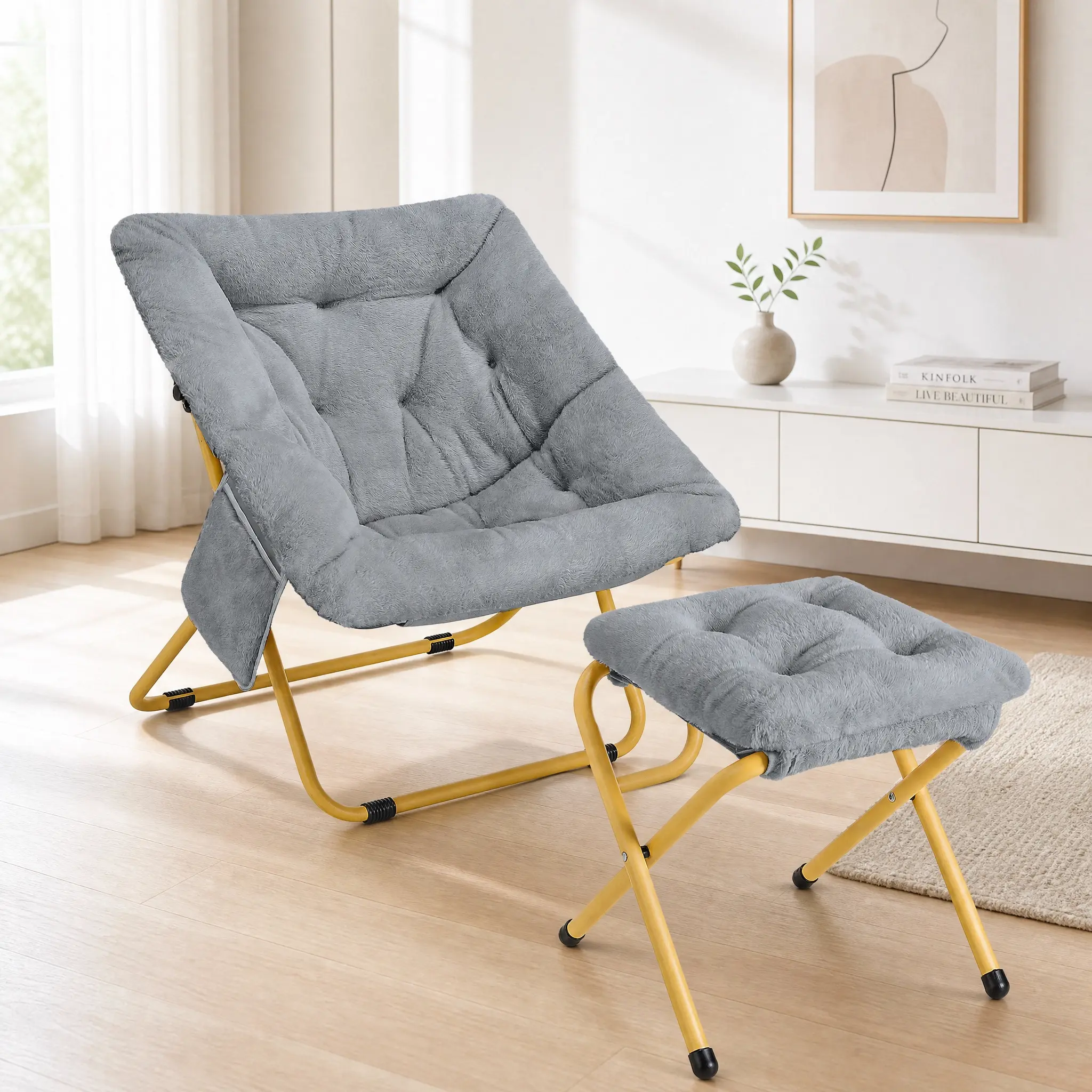 MAMIZO Comfy Saucer Chair with Ottoman, Oversized Foldable Lounge Chair with Soft Faux Fur for Adults, Moon Chair with Thick Padded Metal Frame for Living Room Bedroom summergarden indoor party