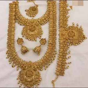 Bridal Set Gold Plated Traditional Necklace Earrings and Maang Tikka Set for Indian Weddings