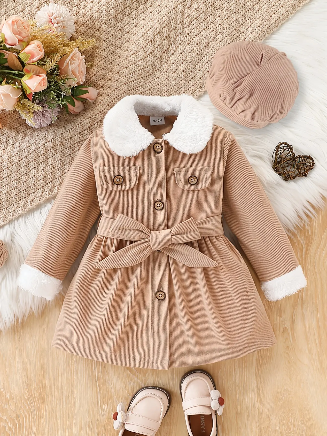 Baby Girls' Fall Winter Jacket Set, Faux Fur Collar Velvet Top with Hat, Fashion Waistcoat 2-Piece Outfits, Solid Color Coat Baby Clothes, Baby Clothing