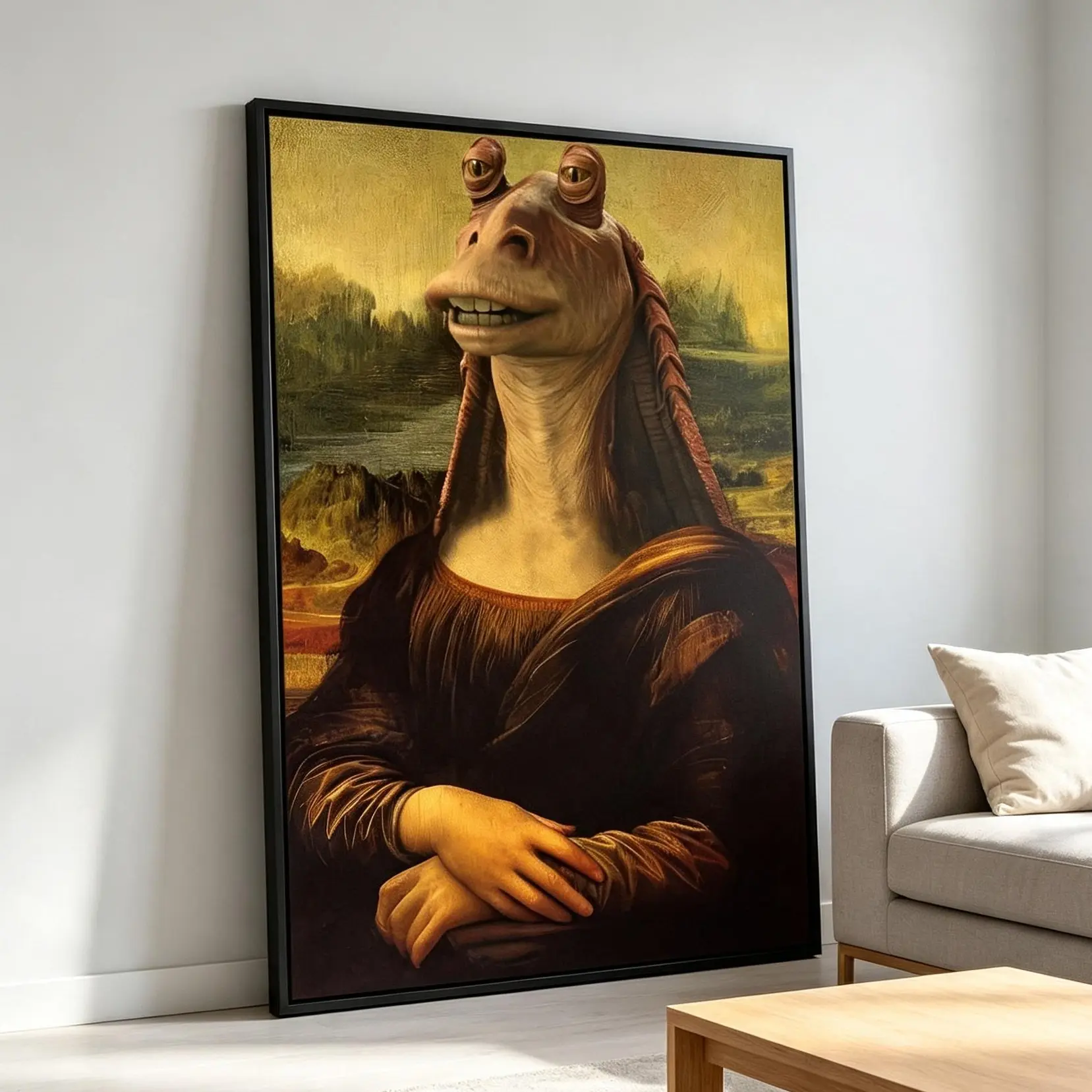 Funny Jar Jar Mona Lisa Meme Wall Decor, Bedroom Decor, Cool Stuff For Room, Fall Decor 2026 Parody Canvas Poster