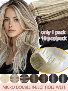 PU Hole Real Human Hair Extension, P27/613 Glitter, Light Straight Hair, 14-22 Inches, Smooth Seamless, Dense Ends, Weft Hair Extensions, Human Hair Pieces