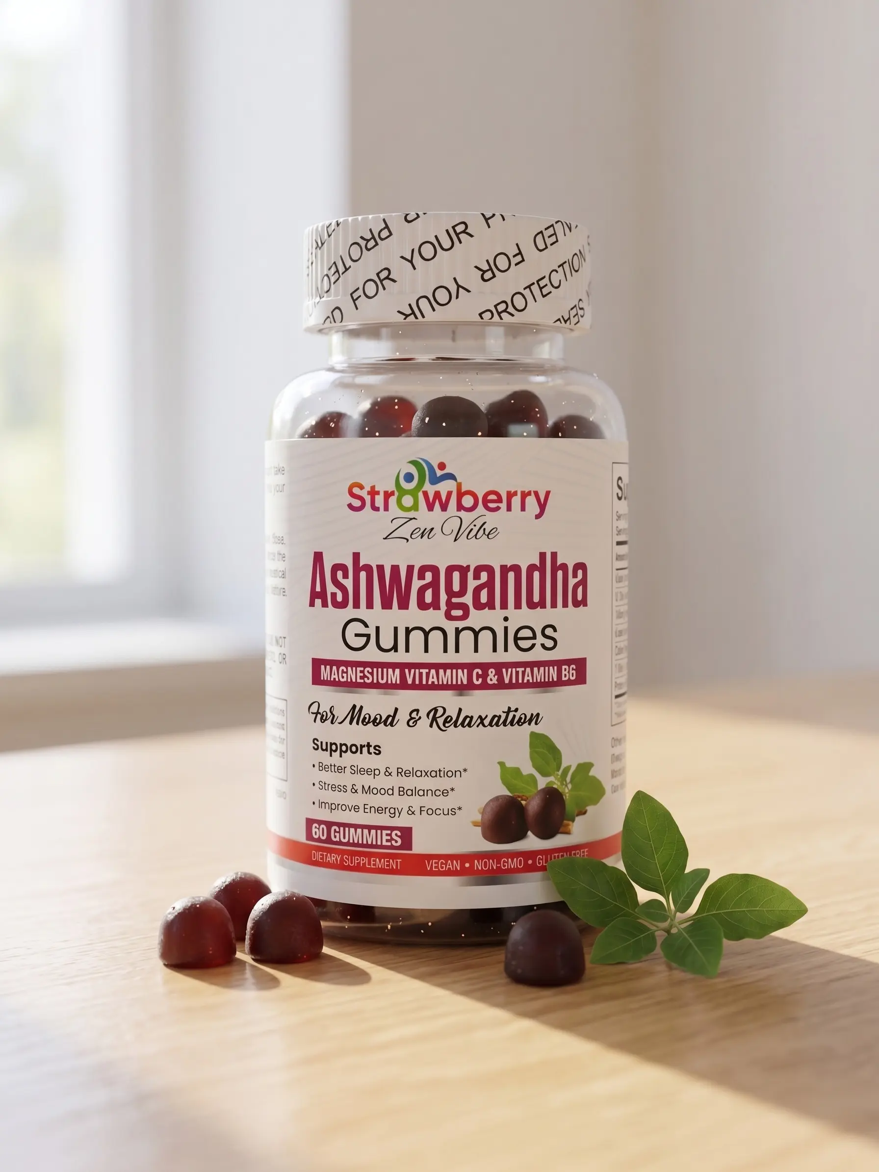 Zen Vibe Ashwagandha Gummies – Magnesium, Vitamin C & B6 for Mood, Sleep & Stress Relief (Strawberry Flavor, 60ct)