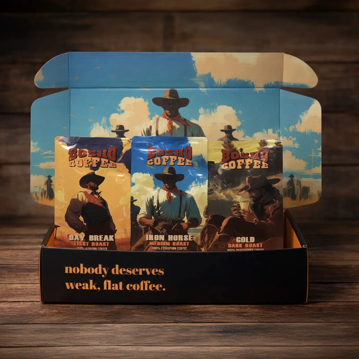 Bosho Coffee Variety 3-Pack Premium African Coffee Single Origin - Kenyan Daybreak Light Roast, Ethiopian Iron Horse Medium Roast, Burundian Bosho Gold Dark Roast