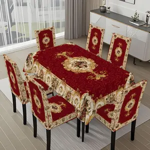 5/7-piece 2D Flat Printing Wine - red Floral Carpet Printing Pattern Tablecloth and Chair Cover Set, for dining table and chair decoration, perfect for home, holiday gatherings, restaurants, and parties, Dining Chair Slipcover