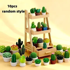 10 Piece Miniature Plant Display Set, Realistic Cactus Succulent Pottery Models, Dollhouse Living Room Scene Decor, Random Style
