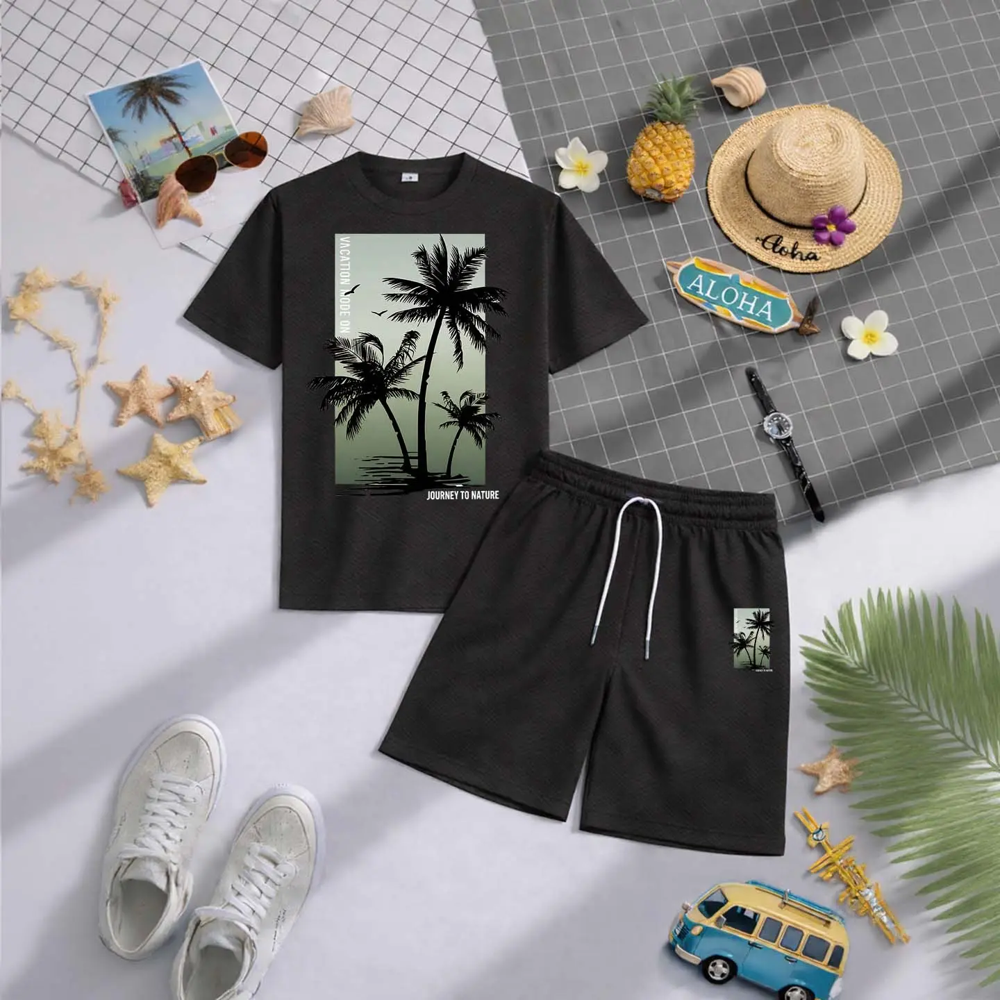 Men's Summer Hawaiian Beach Short-Sleeved T-Shirt And Drawstring Shorts Set, Men's Clothing, Summer Casual Sports Short-Sleeved Top And Shorts, Men's Everyday Wear, Sportswear Set, Casual Summer Clothing.