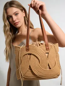 1pc Boho Woven Straw Tote Bag | Geometric Pattern Design | Drawstring Closure Beach Bag | Ideal for Summer Vacation, Beach & Daily Use